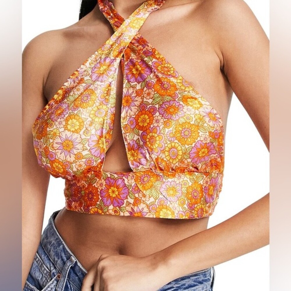 Topshop Floral Halter Crop Top in Pink and Orange